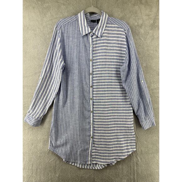 TAHARI Shirt Dress M Blue Linen Striped Collared Button Front Tab Long Sleeves - Picture 1 of 14